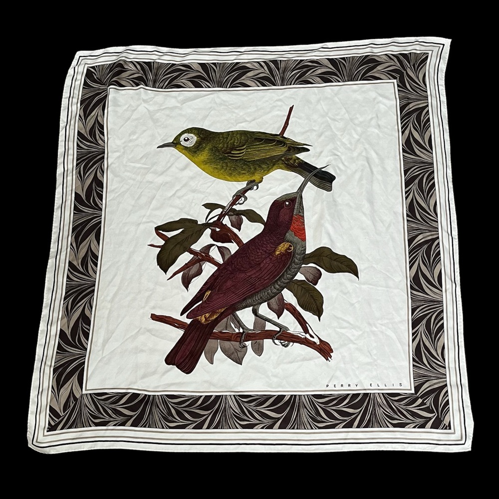 Vintage Perry Ellis Wild Birds Silk Scarf hand rolled edges green red white - Picture 2 of 7